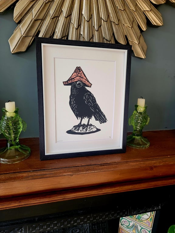 Lord Nelson - crow wearing a newspaper hat - handmade original lino print bird a