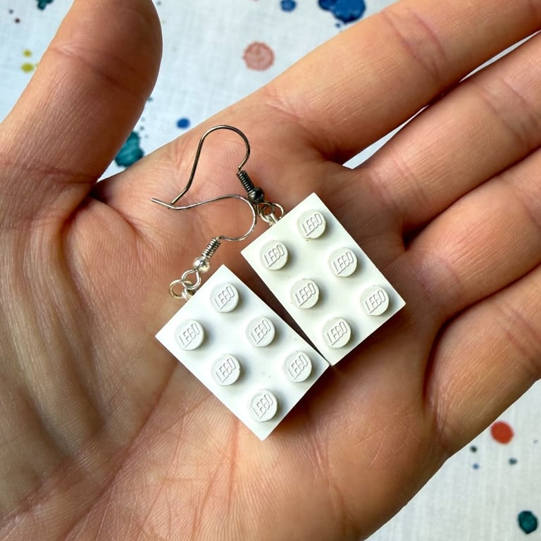 Upcycled White 2x3 Lego Earrings - Silver Plate Tarnished - Super Seconds