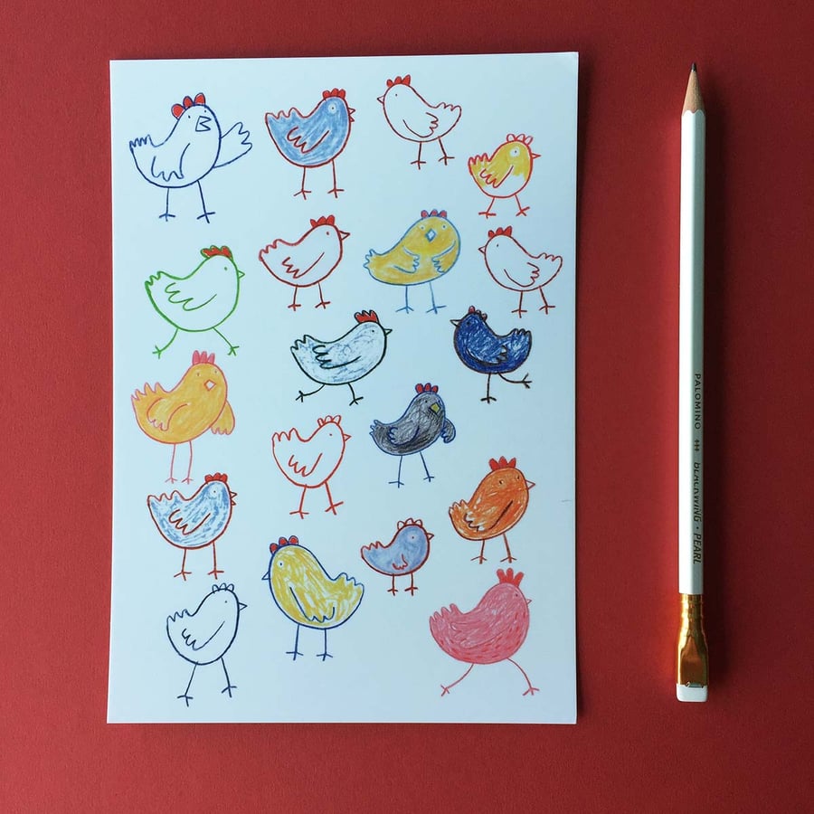 Happy Hens A5 digital art print by Jo Brown, illustrator.