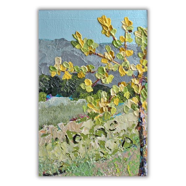 Landscape - acrylic painting - hills - tree - fields - mounted - letterbox gift