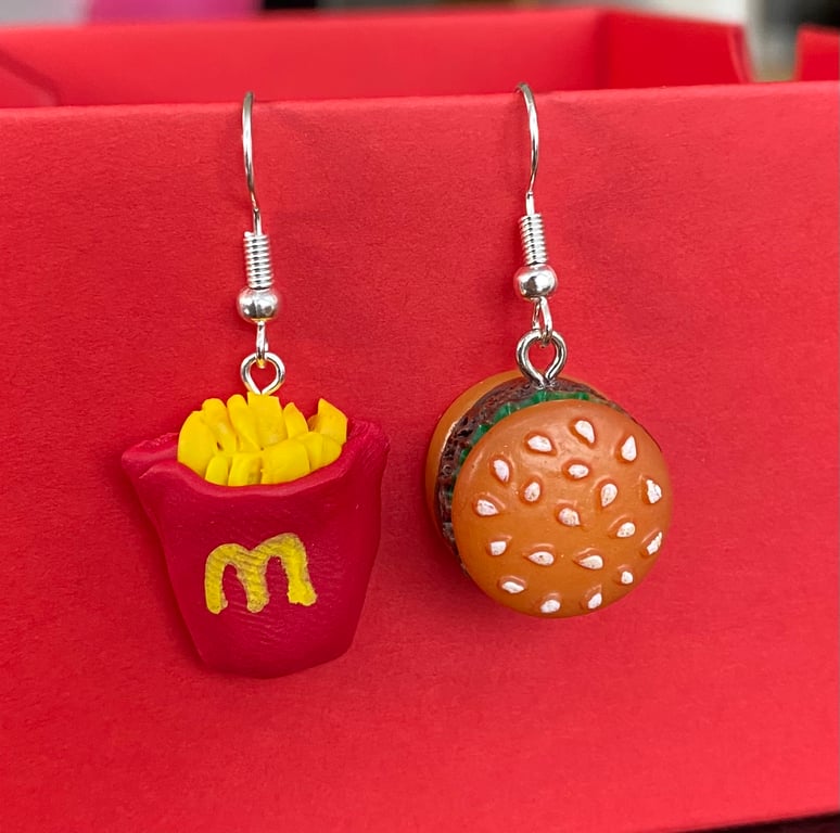 MacDonalds Burger and Chips (or fries!) novelty dangly earrings polymer clay
