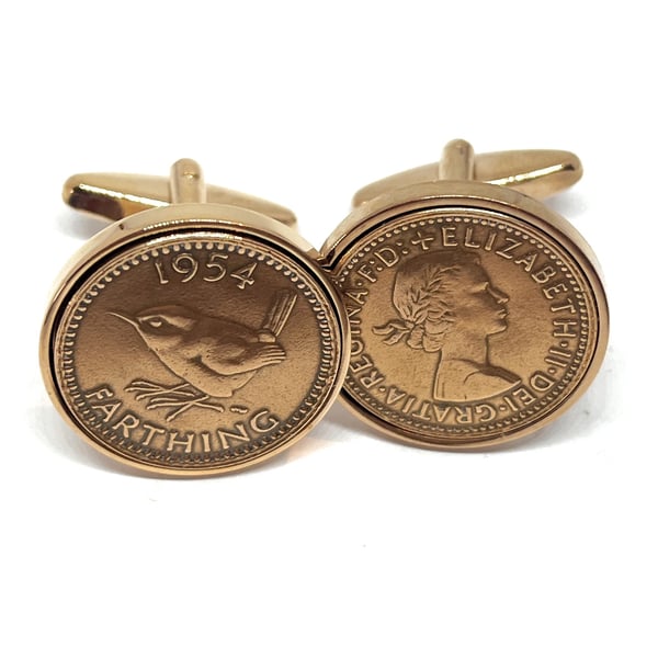 1954 Farthing Cufflinks 70th birthday. Original Farthing coins Great gift HT RG