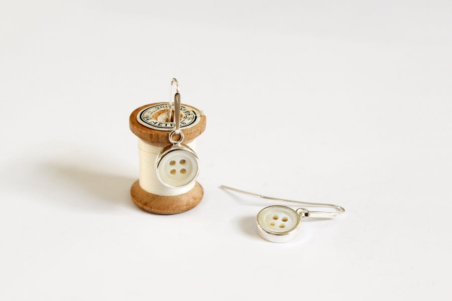 Vintage button earring drops, silver earrings, mother of pearl buttons