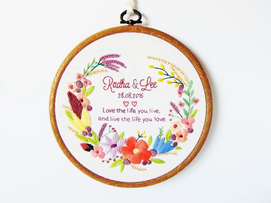 Personalised Floral Wedding Gift, Hand Embroidered Anniversary Gift