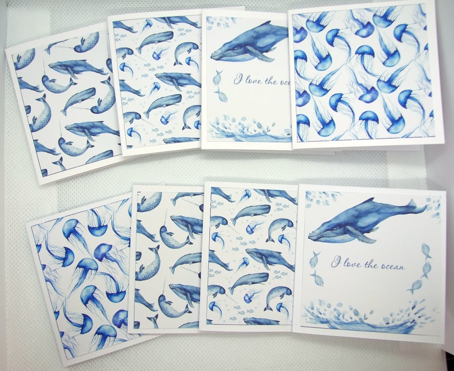 8 Ocean Themed 3x3 Inch Blank Mini Note Cards, Stationery, Gift Tags Whales Fish