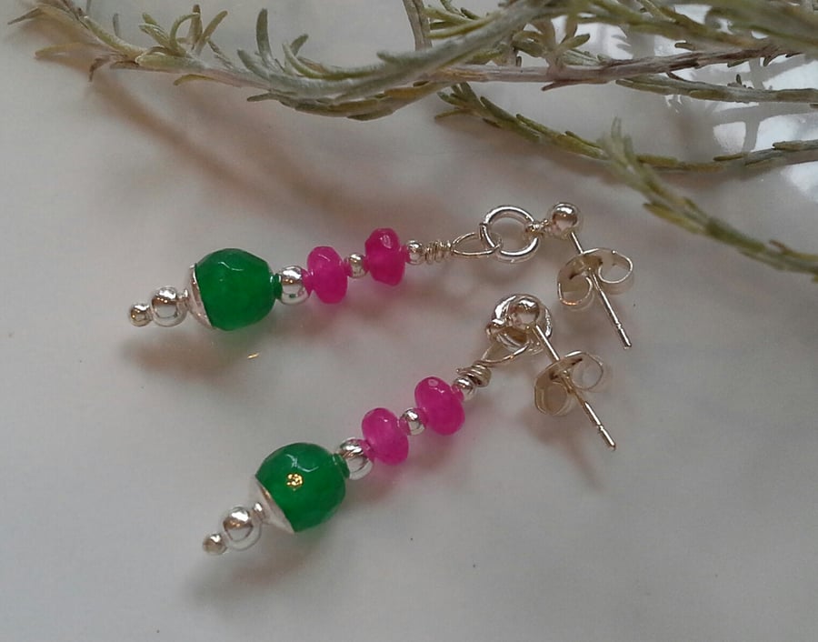 Dainty Green & Pink Faceted Quartzite Stud Earrings