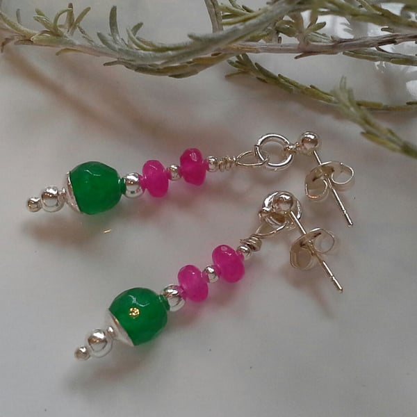 Dainty Green & Pink Faceted Quartzite Stud Earrings