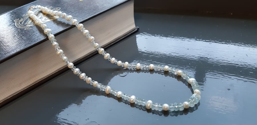 Freshwater Cultured Pearl and Aquamarine Necklace and Earring Set
