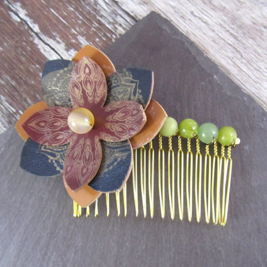 Leather Flower Hair Comb, Large Flower Hair Comb