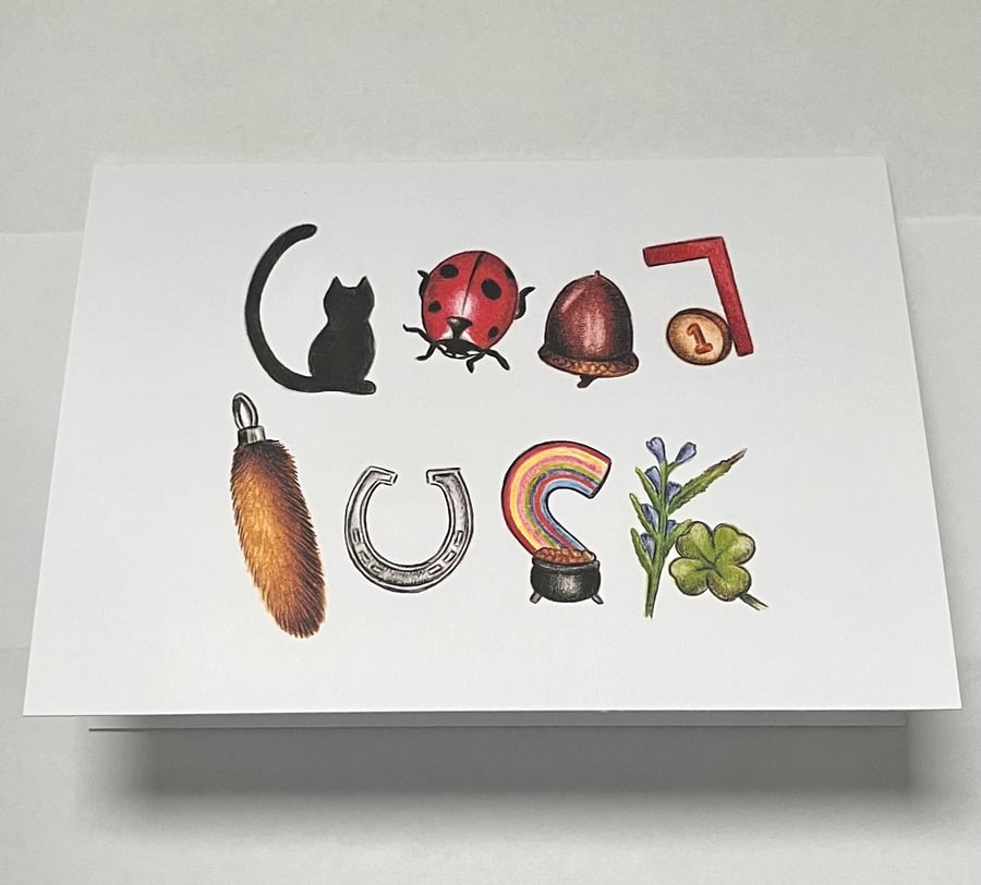 Good Luck card - alphabet art lucky charms -  7x5 inches