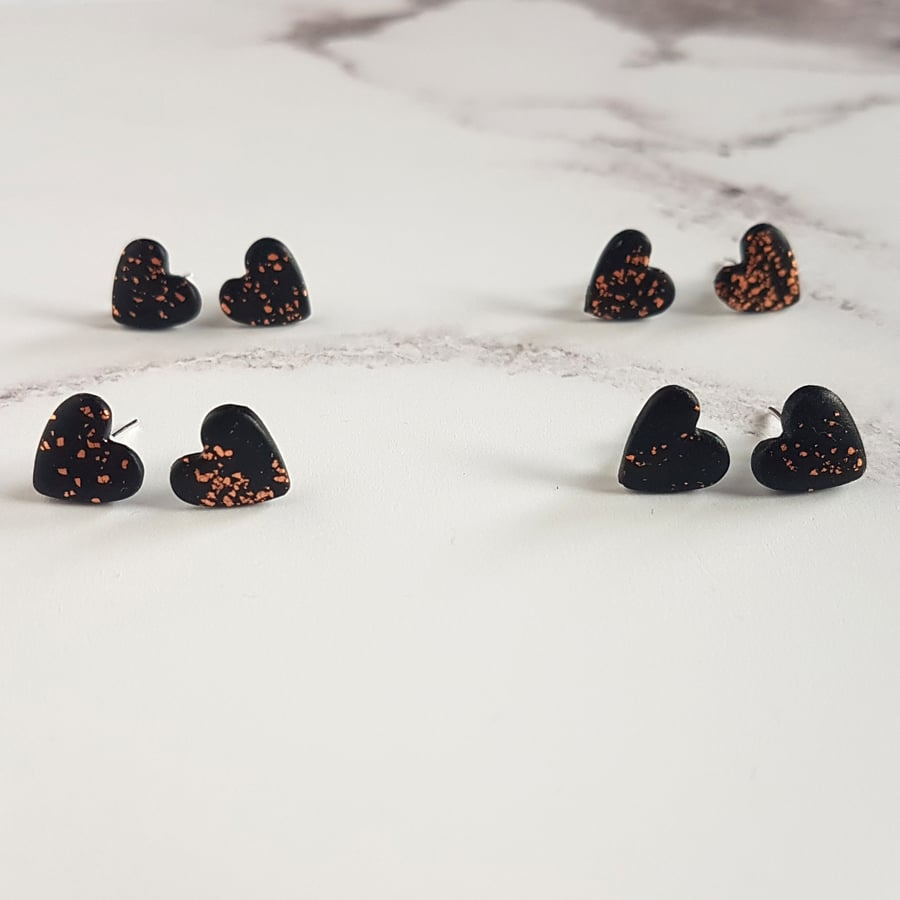 Black and gold leaf heart stud earrings, LIMITED EDITION