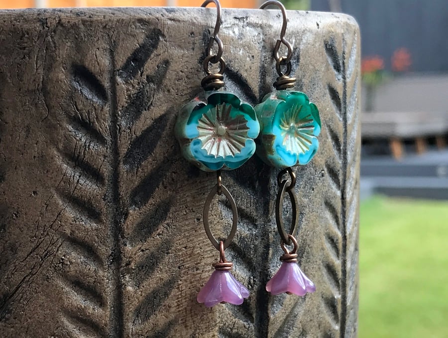 Lilac & Aqua Czech Glass Flower Earrings. Colourful Hawaiian Flower Bead Earring