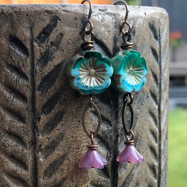Lilac & Aqua Czech Glass Flower Earrings. Colourful Hawaiian Flower Bead Earring