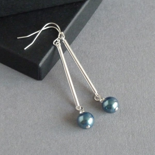 Long Dark Green Drop Earrings - Teal Pearl & Sterling Silver Bar Jewellery Gifts