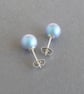 8mm Iridescent Light Blue Stud Earrings - Round Pale Blue Glass Pearl Studs - Image 3