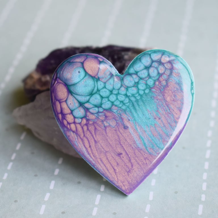 Heart Brooch with Blue and Lilac Marble Design