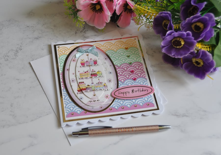 Vintage Floral Cupcakes Flowers Happy Birthday 3D Luxury Handmade Card 