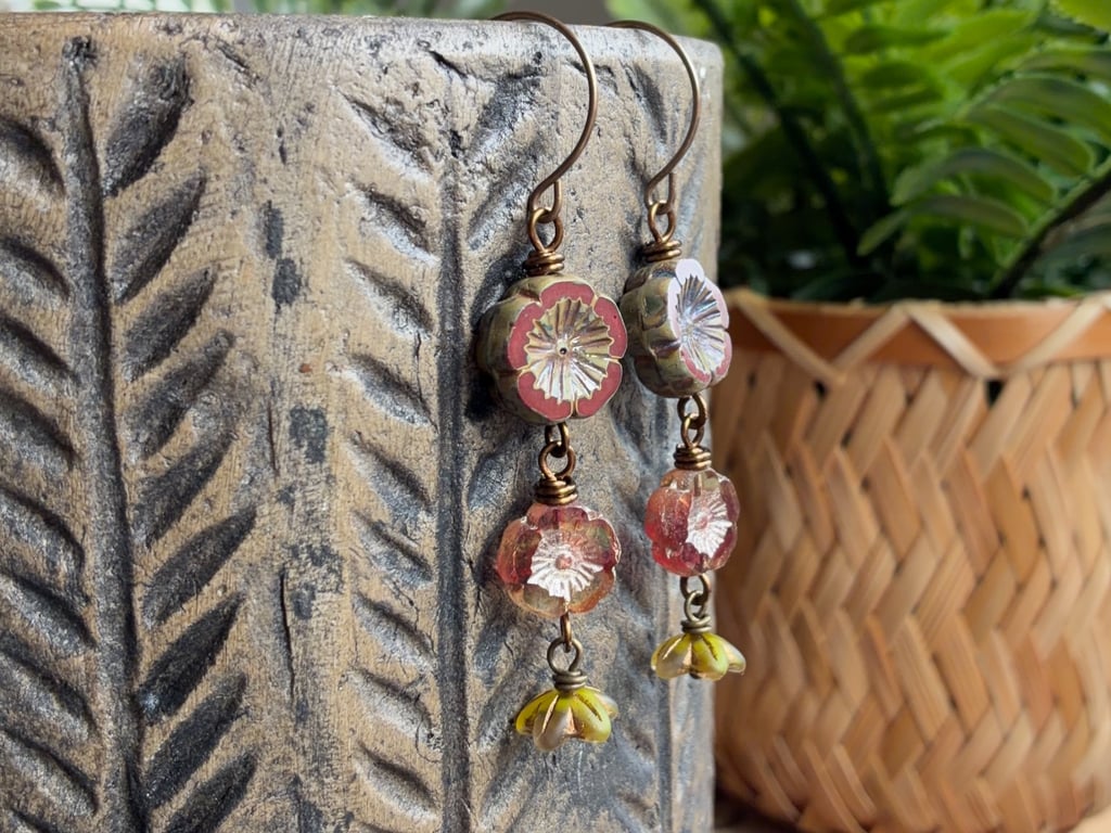Burgundy, Pink and Green Czech Glass Cascading Flower Earrings