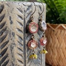 Burgundy, Pink and Green Czech Glass Cascading Flower Earrings