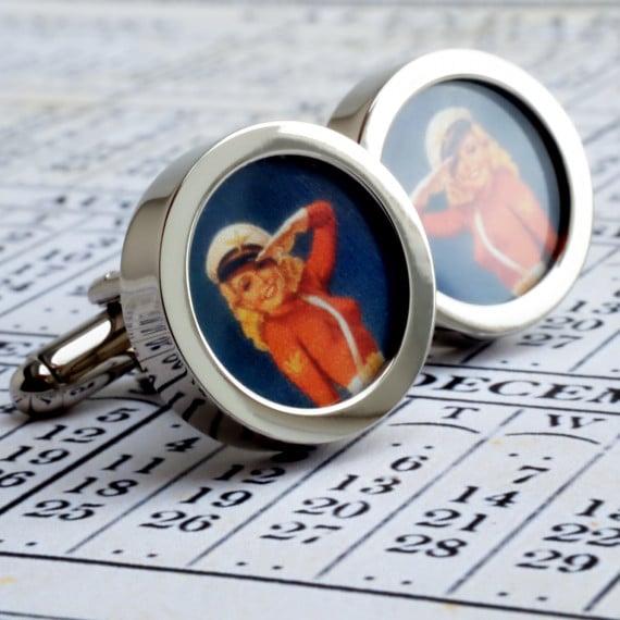 Pinup Girl Cuff Links, Blonde Salute Kitch and Fun Vintage Cufflinks