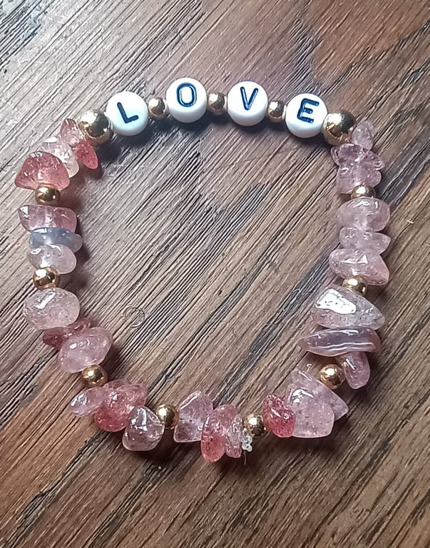 "Love" - rose pink crystal chip stretchy fashion bracelet with L-O-V-E beads