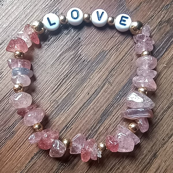 "Love" - rose pink crystal chip stretchy fashion bracelet with L-O-V-E beads