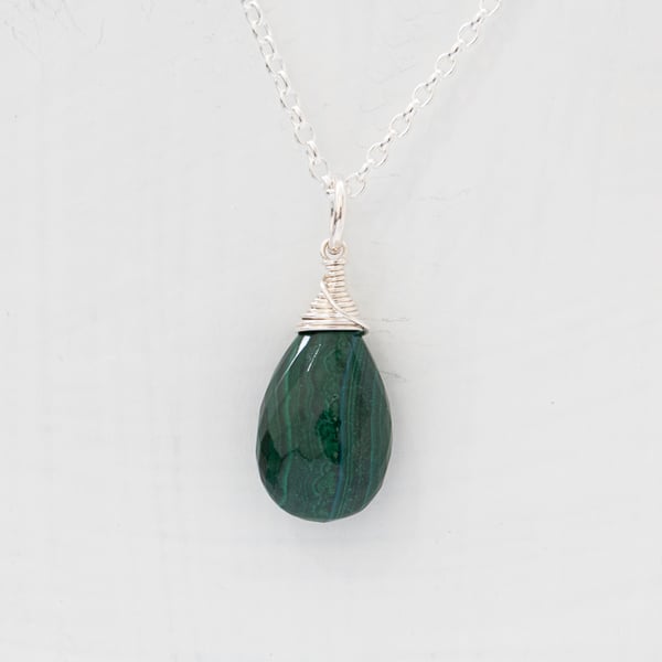 Green Malachite Briolette Pendant on a delicate Sterling Silver Chain 