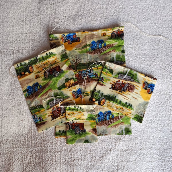 Tractor, drawstring bags, set of four, hand made