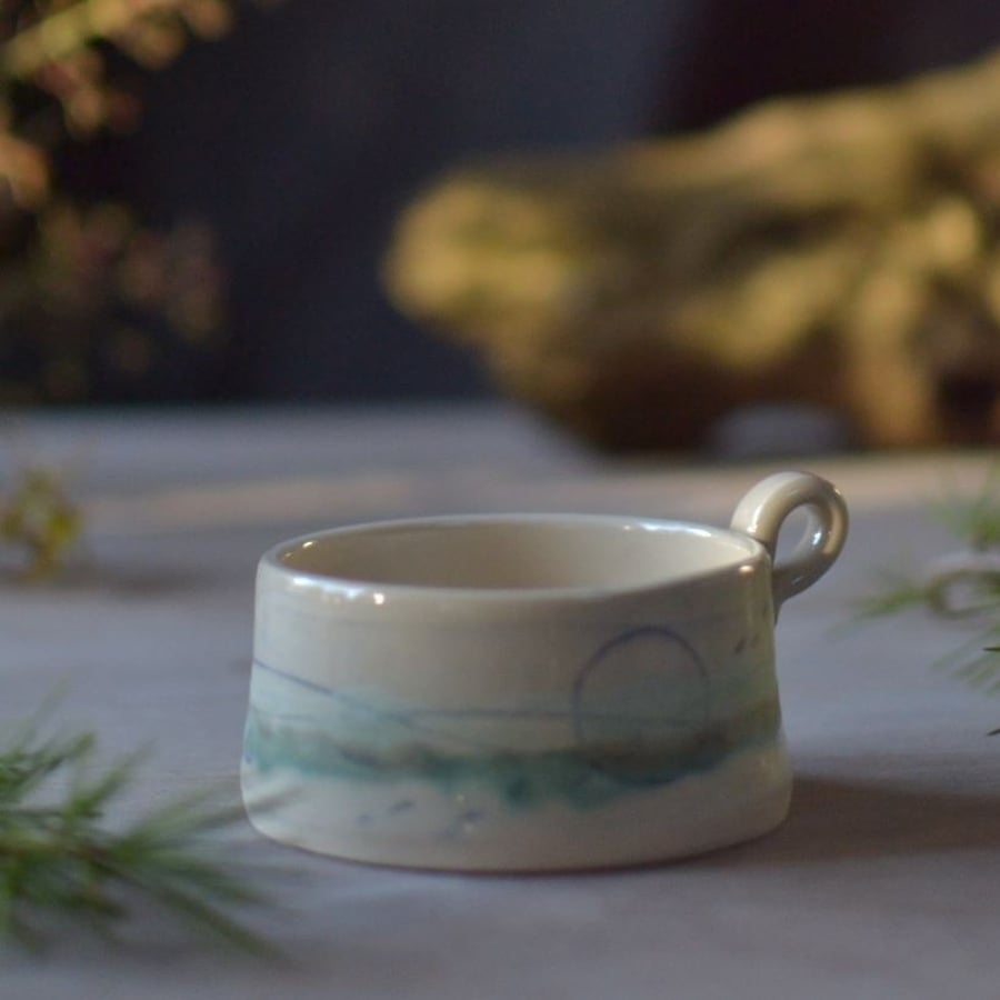 Ceramic handmade Tealight cup - decorated with blues and green - sea colours