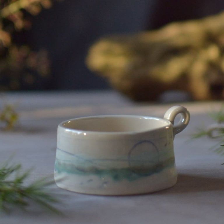 Ceramic handmade Tealight cup - decorated with blues and green - sea colours