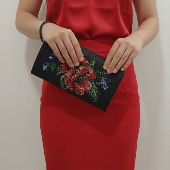 Beaded Red Poppy Evening Clutch Bag, Hand Embroidered Floral Wristlet