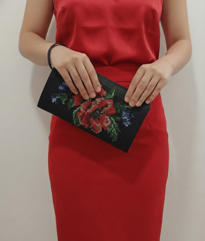 Beaded Red Poppy Evening Clutch Bag, Hand Embroidered Floral Wristlet