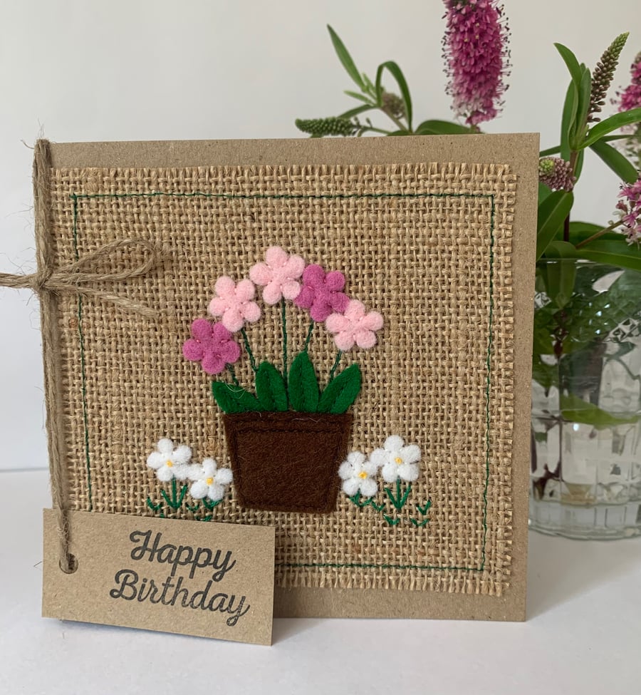 Handmade Birthday card. Pink potted flowers from wool felt. Keepsake card.