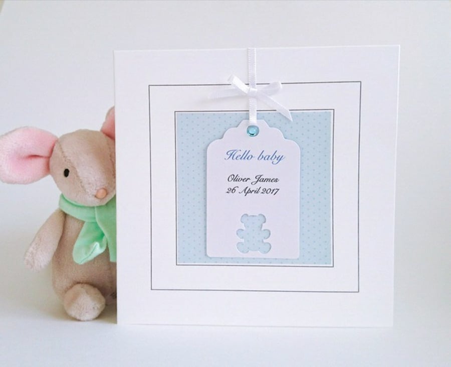 New Baby Boy Card - Personalised, Teddy Bear Design