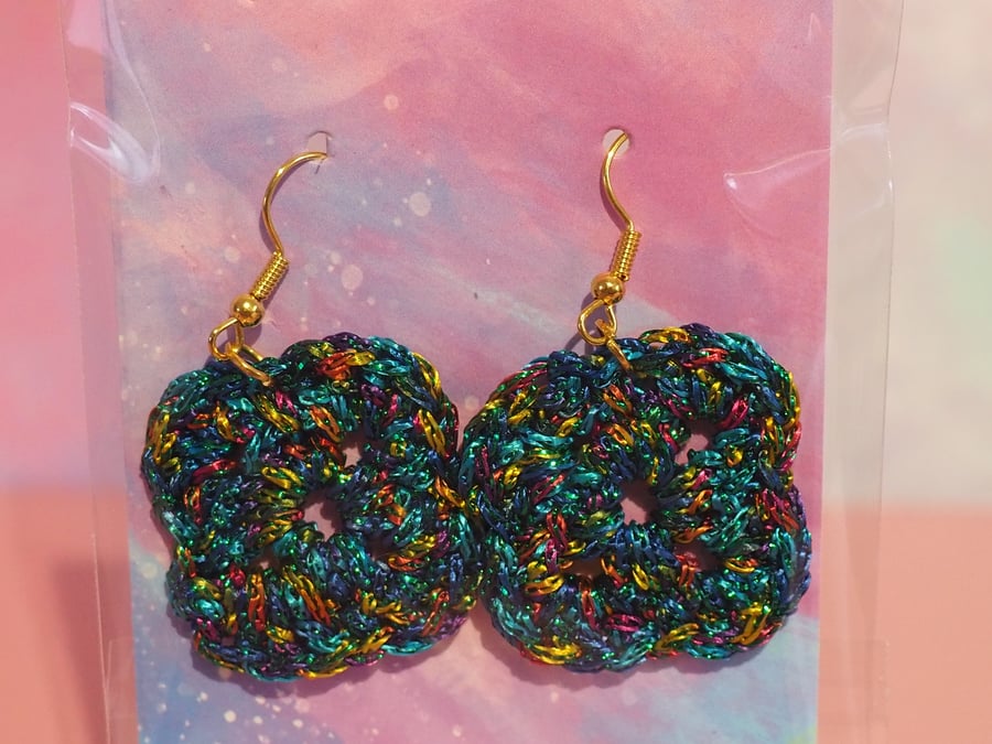 Blue Metallic Square Crochet Earrings 