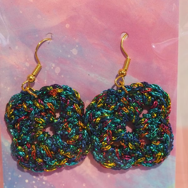 Blue Metallic Square Crochet Earrings 