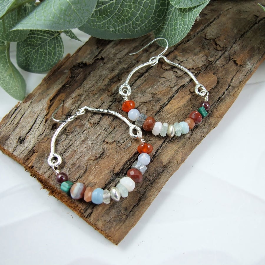 Earrings, Sterling Silver and Mixed Gemstone Hoops