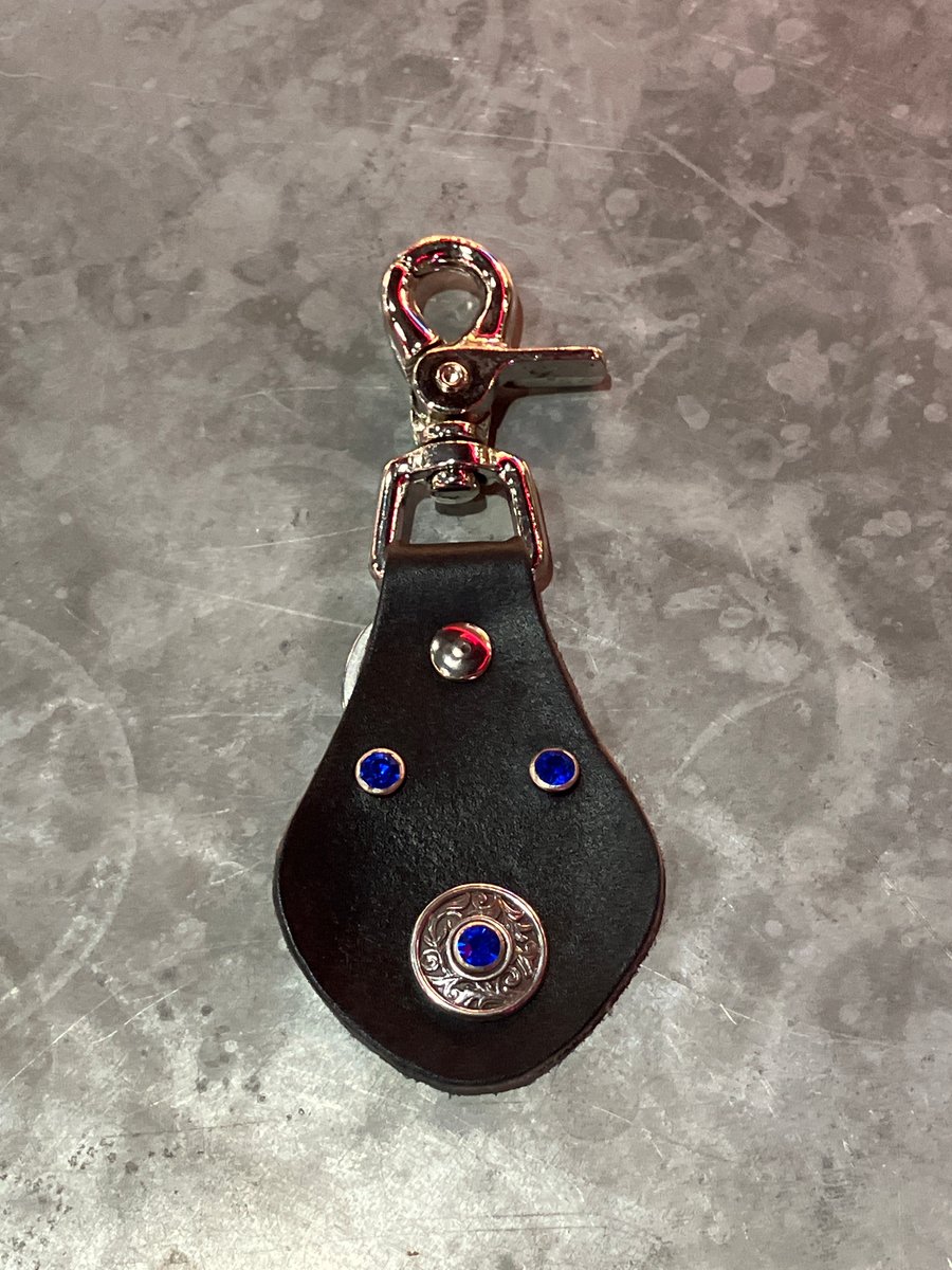 Black Leather Keyring with Florentine Design & 3 Blue Gemstones - FREE SHIPPING