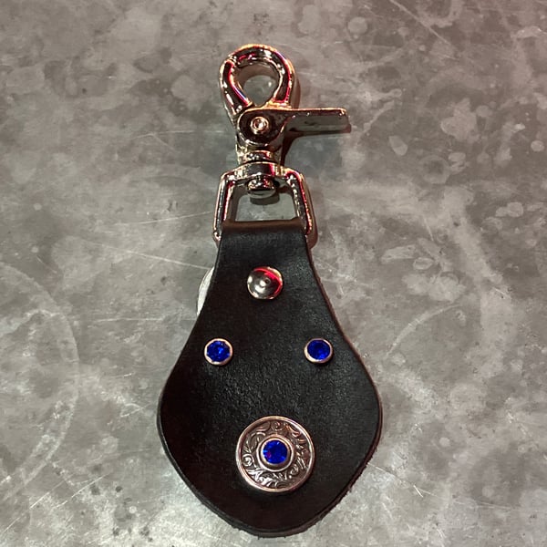 Black Leather Keyring with Florentine Design & 3 Blue Gemstones - FREE SHIPPING