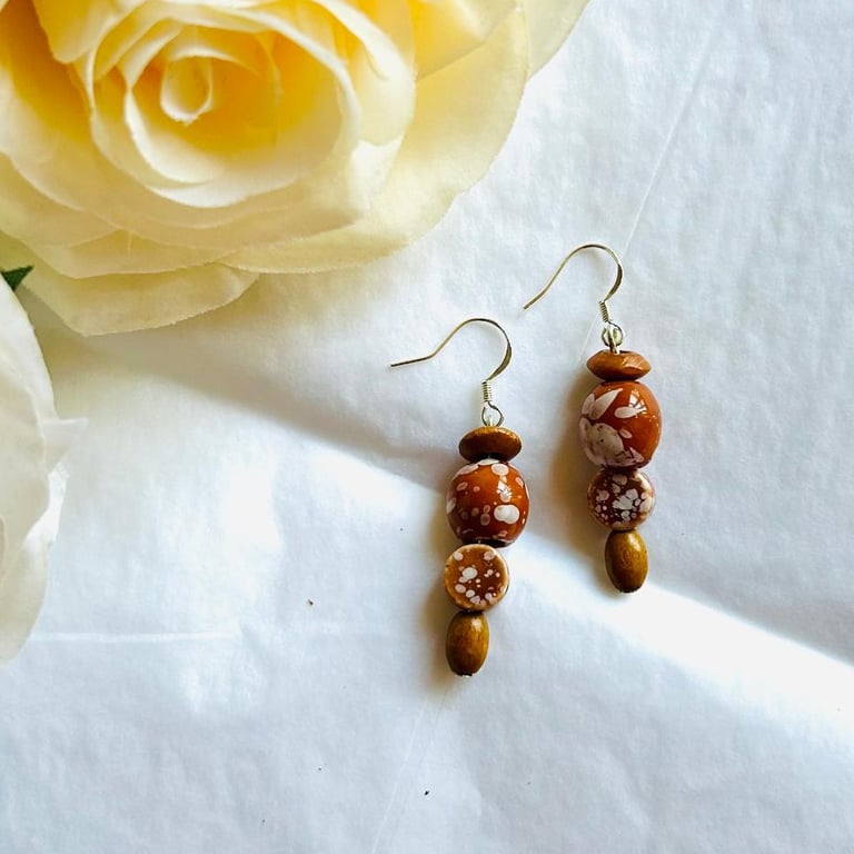 Ceramic drop earrings - painted ceramic and wooden beads on silver plated wire