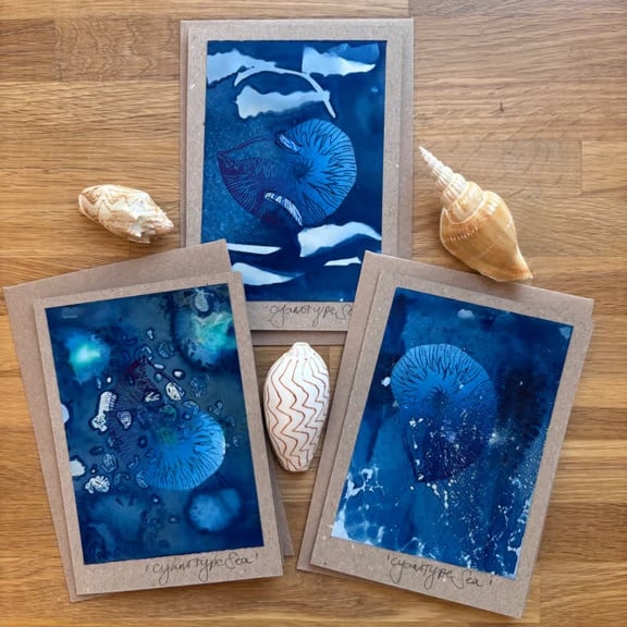 Cyanotype Sea 1 - Linocut and Cyanotype Cards with envelopes - Pack of 3 