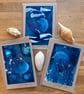 Cyanotype Sea 1 - Linocut and Cyanotype Cards with envelopes - Pack of 3 