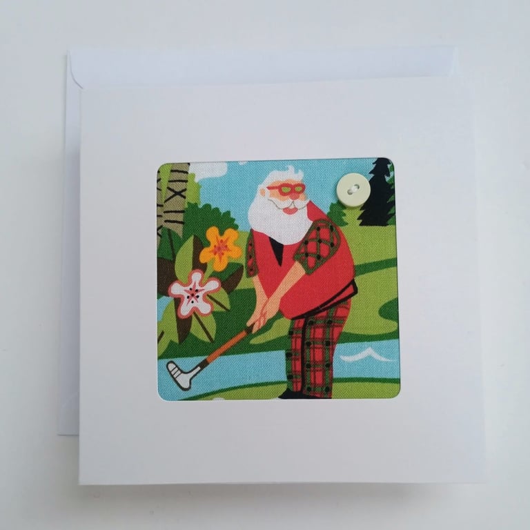 Golfing Santa - fabric greetings card with button - Birthday or Christmas