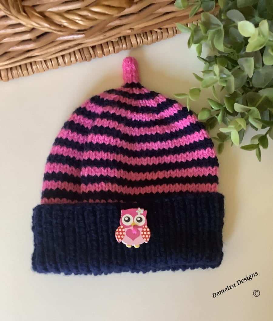 Baby Girl's  Owl Pixie Beanie Hat  3-9 months size