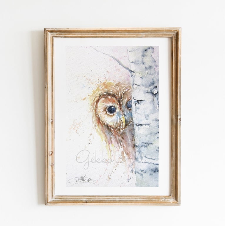 Peek-a-Woo, Tawny Owl. A Fine Art Print from an Original Watercolour Painting