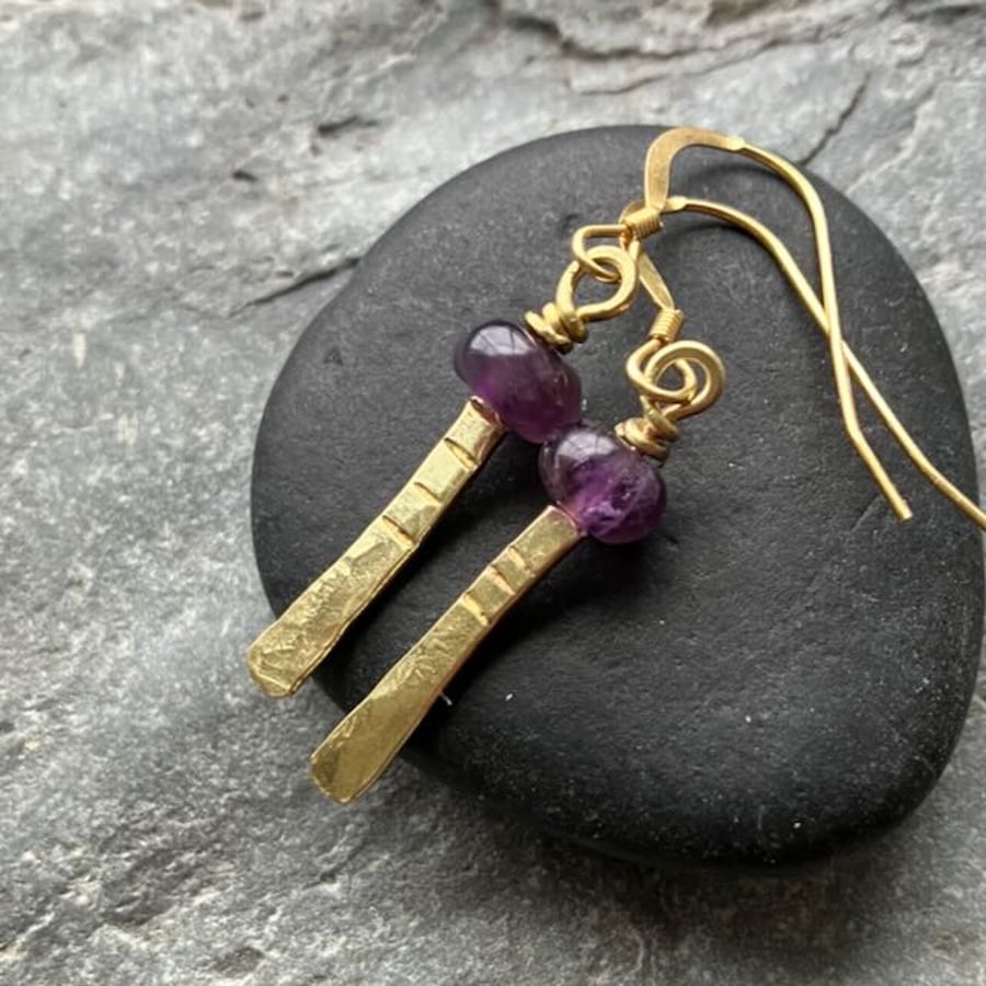 Gold Coloured Drop Earrings with Amethyst