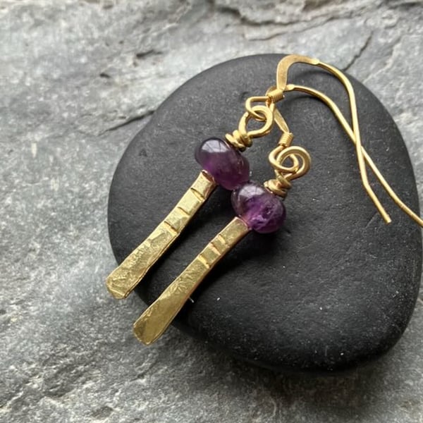Gold Coloured Drop Earrings with Amethyst