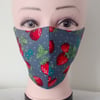 Handmade 3 layers dark grey strawberry reusable adult face mask.