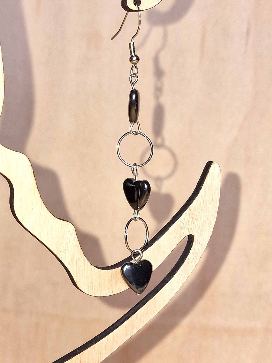 Hematite Heart & Silver Ring Drop Earrings - Black Stone Dangle Earrings 