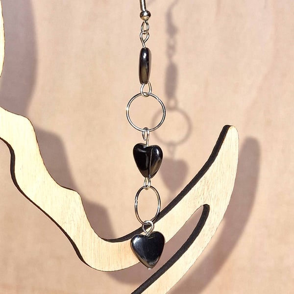 Hematite Heart & Silver Ring Drop Earrings - Black Stone Dangle Earrings 